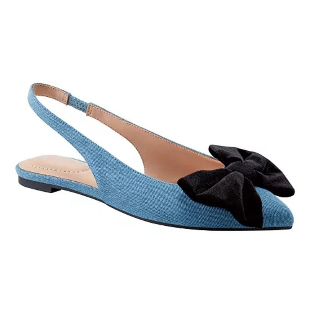 Bandolino Simona Denim Pointy Slingback Flats with Black Velvet Bow